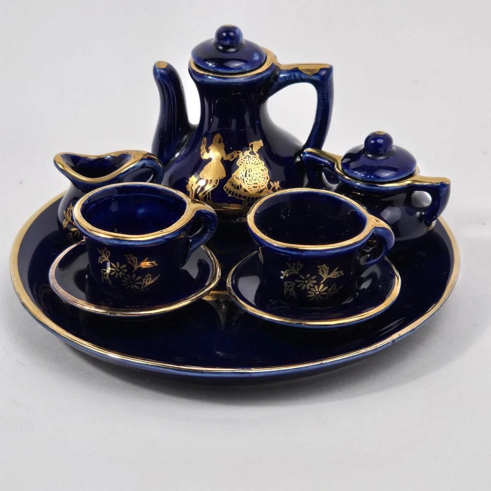 Cobalt Blue Miniature Porcelain Tea Set Gold Trim Fragonard Courting Couple 9pc